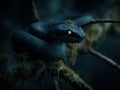 A dark green snake, coiled and alert, perched on a mossy branch against a backdrop of darkness - AI-Generated Royalty Free Stock Photo