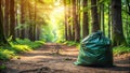 A dark green trash bag sits beside a forest path bathed in sunlight. Generative AI Royalty Free Stock Photo