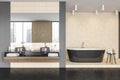 Dark grey bathroom with bathtub and sinks with big window, grey floor Royalty Free Stock Photo