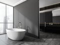 Dark grey bathroom with shelf vanity on background. Corner view Royalty Free Stock Photo