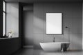 Dark grey bathroom with tub, sink and poster Royalty Free Stock Photo