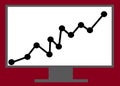 A dark grey computer display monitor showing increasing statistics line chart trend maroon backdrop