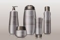 Dark grey cosmetics branded bottles with brand logo package design mockup. Advertisement banner template. Skincare