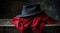 Dark Grey Fedora Hat Rests on Crimson Scarf Royalty Free Stock Photo