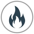 Dark grey flame icon inside a circle symbolizing fire heat energy power or warning sign Royalty Free Stock Photo