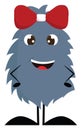 Dark grey furry smiling monster with red hair bow vector illustration Royalty Free Stock Photo