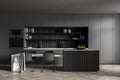 Dark grey kitchen cabinet, table with lining