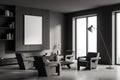 Dark grey living room with armchairs and wall panelling. Corner view Royalty Free Stock Photo