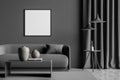 Dark grey living room with empty square canvas on wall