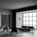 Dark grey living room with large window niche. Corner view Royalty Free Stock Photo