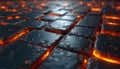 Dark grey metal cubes with glowing orange light. Geometric pattern of squares with texture. Abstract background for tech design Royalty Free Stock Photo