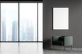 Dark grey modern living room or art gallery interior with panoramic windows furnished by green armchair and one blank framed Royalty Free Stock Photo