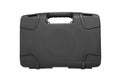 Dark grey plastic case with foam inside. A box for storing and transporting a pistol. Weapon case isolate on white back