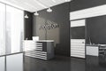 Dark grey reception area of international legal office at panoramic office, front desk Royalty Free Stock Photo