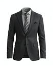 Dark grey textured suit with striped tie and pocket square on white background dark grey suit Royalty Free Stock Photo