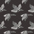 Dark grey vector seamless pattern with flying ducks