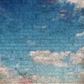 Dark Grunge image of a Blue Sky with Clouds painted on a Brick wall Royalty Free Stock Photo