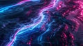 Dark grunge stone texture and purple blue glowing neon waves abstract background. Generative AI Royalty Free Stock Photo