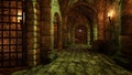 Dark grungy corridor in an ancient medieval prison dungeon with black iron doors on the cells. 3D rendering