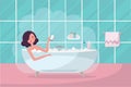 Dark hair girl in bathtub with smartphone in her hand. Bathroom interior with towel and steam. Pretty woman relaxing, taking a