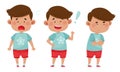 Dark Haired Boy Wearing Red Shorts Showing Different Emotions Vector Illustration