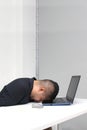 Man works in his office with a lot of stress having a headache with a migraine and suffering from tiredness and burnout Royalty Free Stock Photo