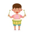 Dark Haired Little Boy Playing Drum Vector Illustration
