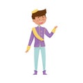 Dark Haired Prince with Golden Crown Wearing Carnival Suit and Waving Hand Vector Illustration