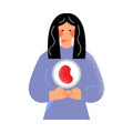 Volunteer woman in the blue shirt with the blood donation symbol concept. Vector illustration in flat cartoon style. Royalty Free Stock Photo