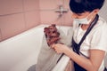 Dark-haired woman using towel while drying dog after washing Royalty Free Stock Photo