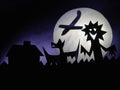 Dark Halloween background with scary creatures, Dragon, airplane, funny monster, full moon