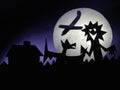 Dark Halloween background with scary creatures, Dragon, airplane, funny monster, full moon