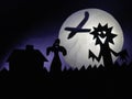 Dark Halloween background with scary creatures, Ghost, airplane, funny monster