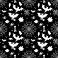 Dark Halloween pattern seamless with bats, spider web, autumn leaves. Simple black and white silhouette illustration Royalty Free Stock Photo