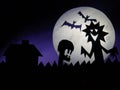 Dark Halloween season background with moon in the background and scary creatures silhouettes. Alien scull, bats, and funny monster