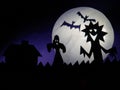 Dark Halloween season background with moon in the background and scary creatures silhouettes. Ghost, bats, and funny monster