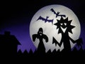 Dark Halloween season background with moon in the background and scary creatures silhouettes.Dark Halloween season background with