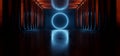 Dark Hallway Columns Concrete Cement Stone Pillars Corridor Hall Tunnel Underground Sci Fi Futuristic Neon Circle Blue Orange