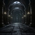 a dark hallway with stone floors and arched windows Royalty Free Stock Photo