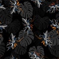 Dark hand drawn of abstract tropiacal flowers layer on monotone exotic jungle leaves seamless pattern in vector EPS10 ,Design for Royalty Free Stock Photo