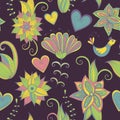 Dark hand-drawn floral background. Seamless pattern.