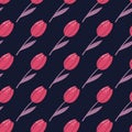 Dark hand drawn tulips seamless pattern. Pink colored flowers on navy blue background. Simple floral backdrop Royalty Free Stock Photo