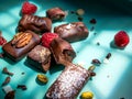 Dark handmade chocolate stack, coconut chips, raspberries and nuts