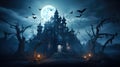 Dark haunted castle with bats in creepy forest on Halloween night Royalty Free Stock Photo