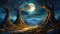 dark haunted forest under full moon