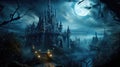 Dark haunted Gothic castle on Halloween night, moon and lights
