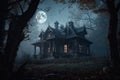 Dark haunted house under the full moon with bats and scary atmosphere, eerie and foreboding atmosphere, and would be perfect for