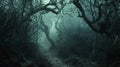 A dark and hazy forest with branches and vines obscuring the path symbolizes the struggle of facing unknown challenges