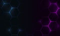 Dark hexagon abstract technology background with blue and pink colored bright flashes under hexagon. Hexagonal gaming Royalty Free Stock Photo