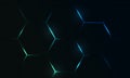 Dark hexagon gaming abstract vector background with blue and green colored bright flashes.